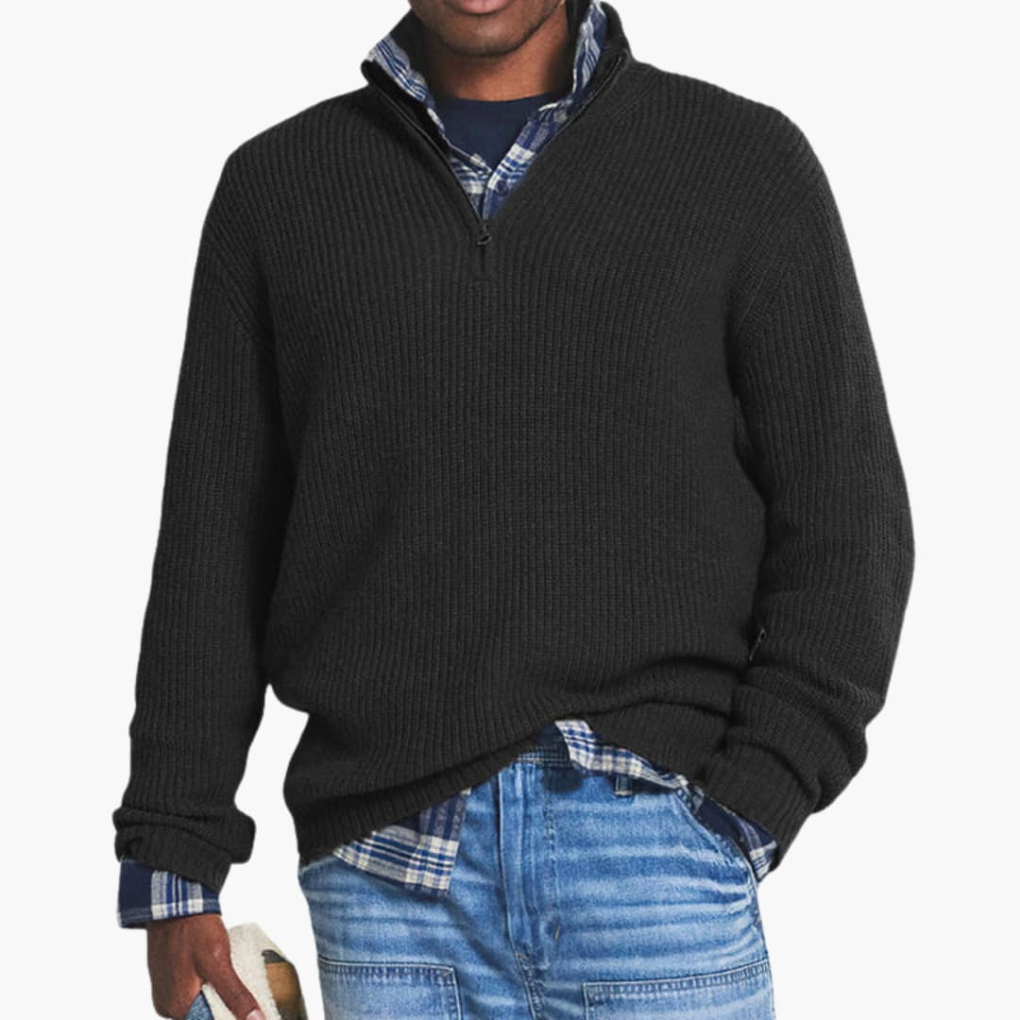 Herre Ribbet Strikpullover med Halv-Zip Krave