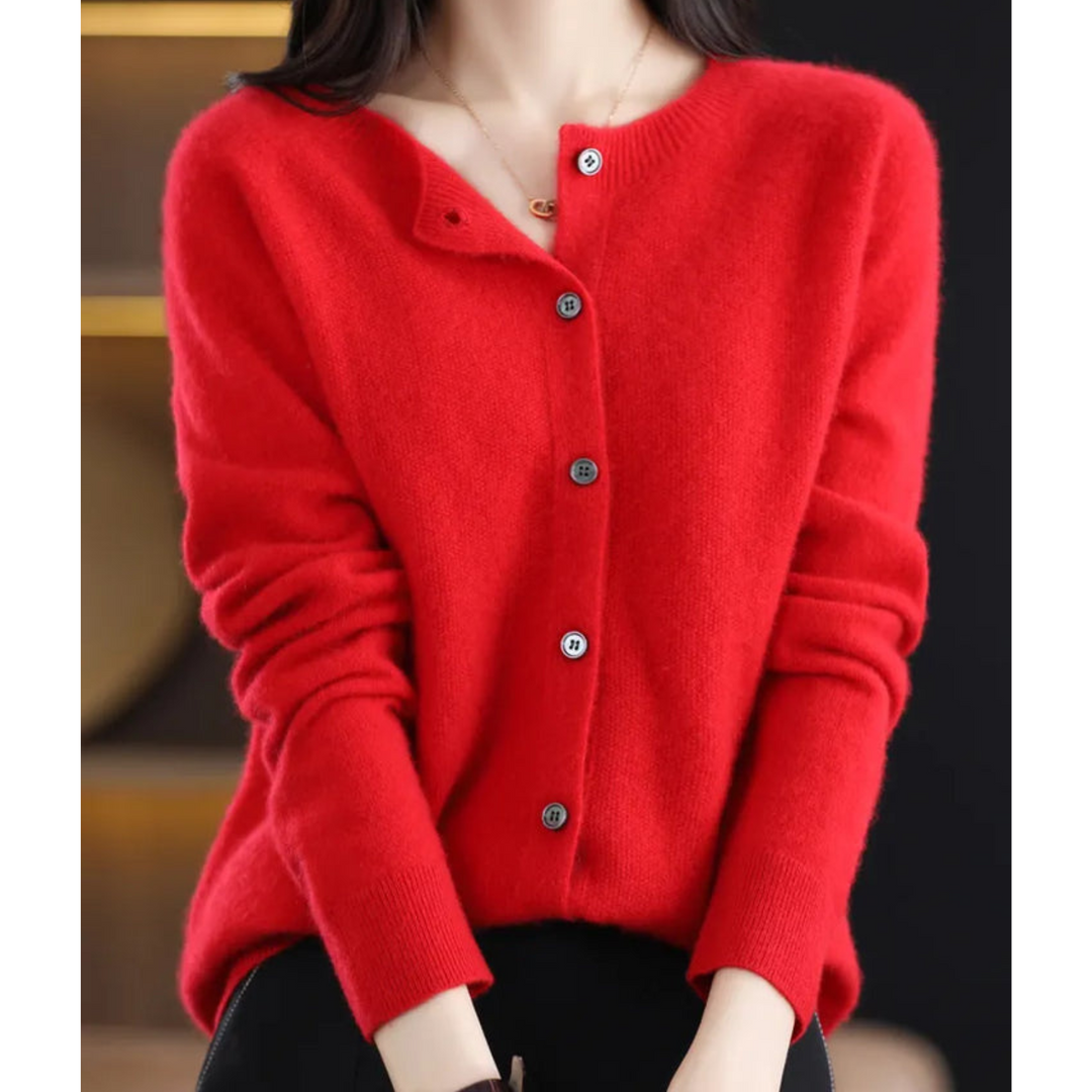 Cardigan til damer i merinould og kashmir – elegant vinterstrik med rund hals
