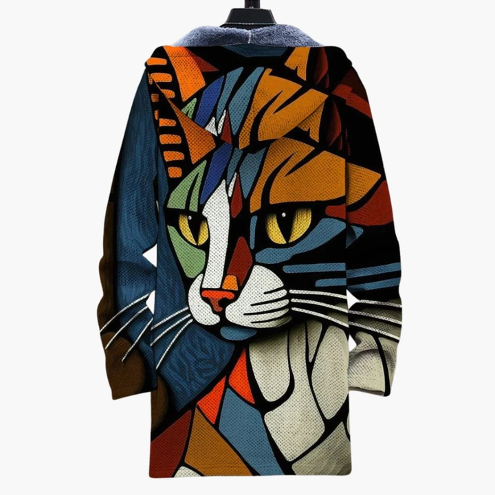 Unisex hættetrøje med lynlås og katteprint design
