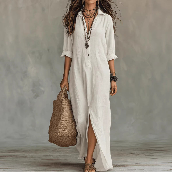 Long-sleeve Maxi Dress Casual Solid Color Lapel Collar Side Slit Beach Dresses Women's Clothing