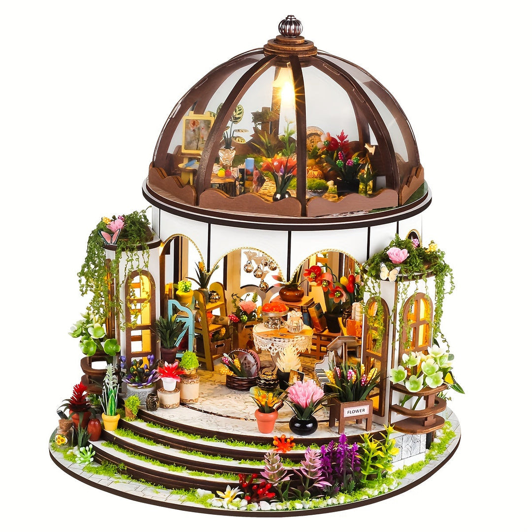 Miniature blomsterhus – 3D-trepuslespil med LED-belysning og detaljeret have