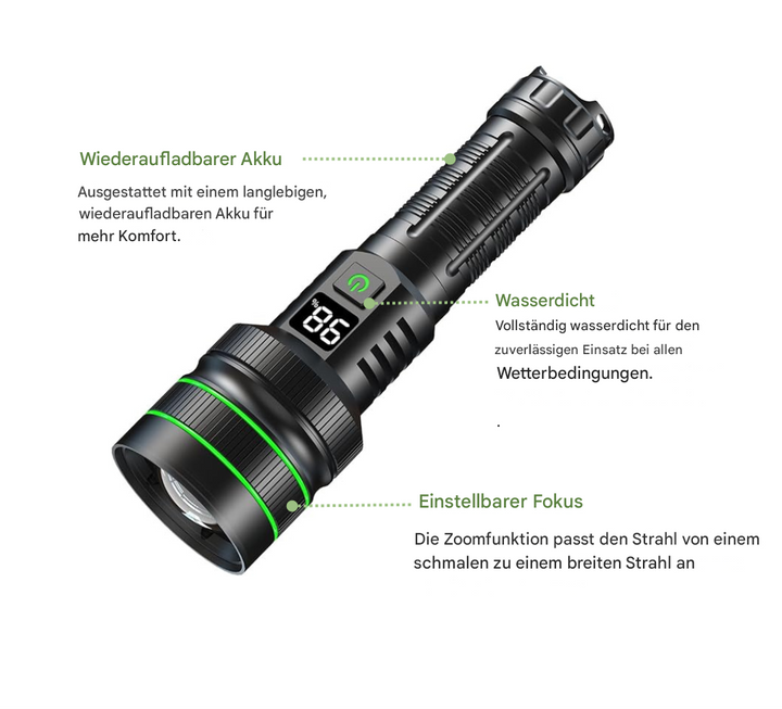 Ekstremt lysstærk og zoombar LED-lommelygte - PowerBeam