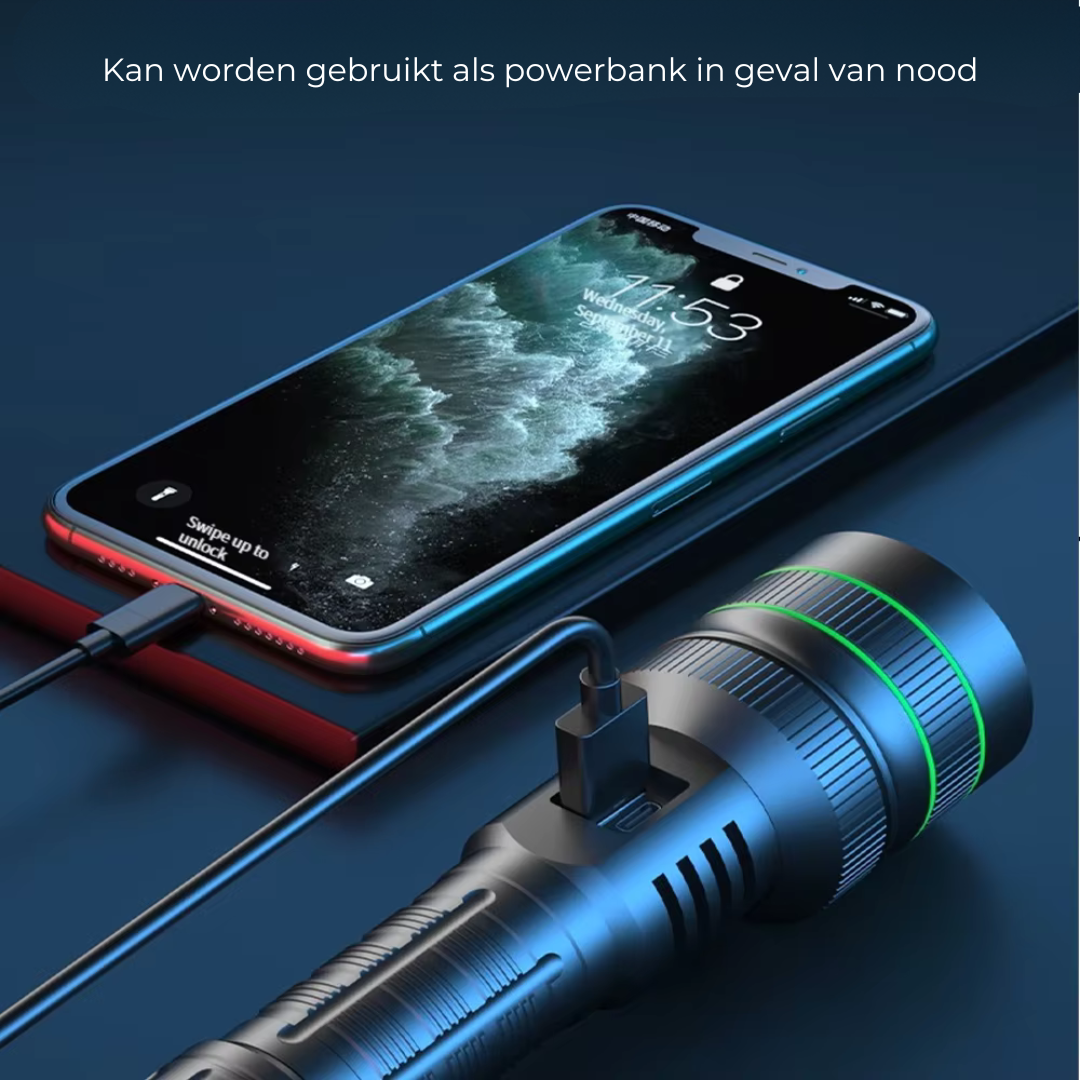 Ekstra kraftig og zoombar LED-lommelygte - PowerBeam