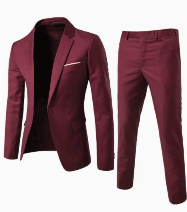 Two-piece Solid Color Slim-fit Coat Suit Pants