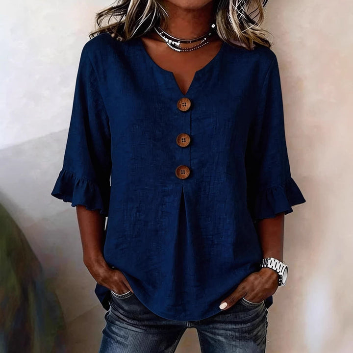 Summer Ruffled-Sleeve Top Loose Casual V-Neck Buttons Short-sleeved Shirts Women's Clothing