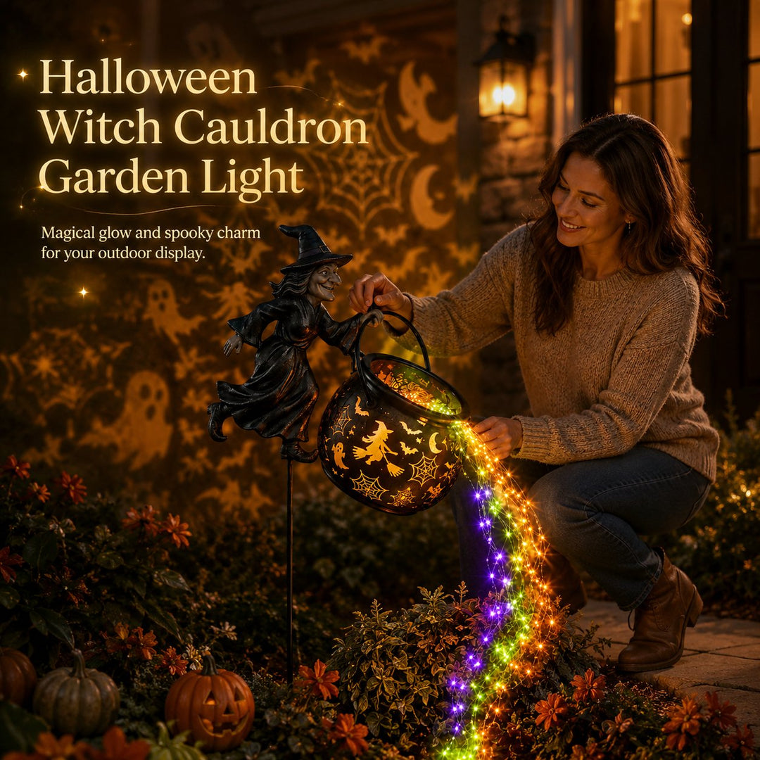 Halloween-heksekedel som havelampe med farverigt lys og uhyggelige projektioner