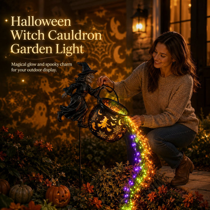Halloween-heksekedel som havelampe med farverigt lys og uhyggelige projektioner