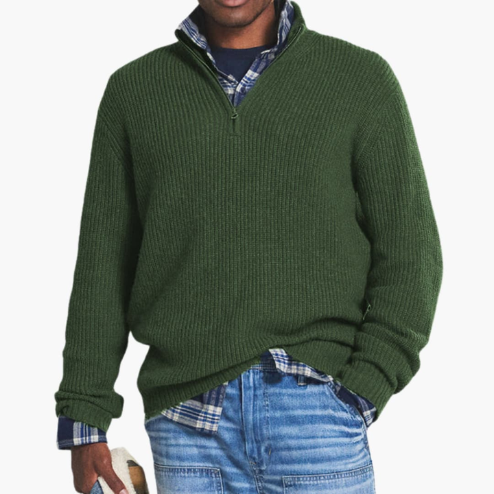 Herre Ribbet Strikpullover med Halv-Zip Krave