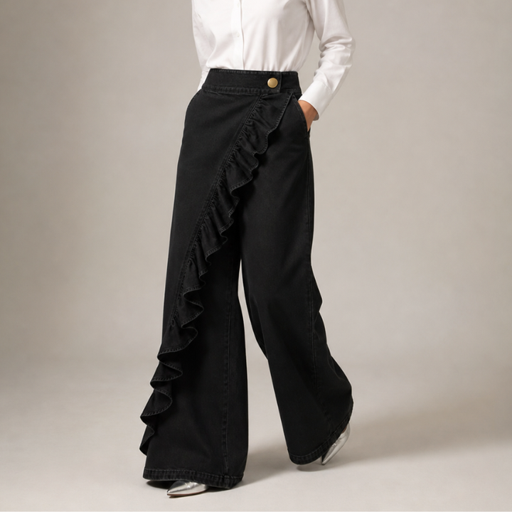 Vide denimbukser til damer med asymmetrisk flæse, culotte-stil
