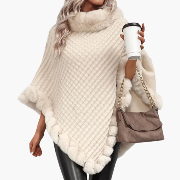 Kvindernes Strikkede Poncho med Falsk Pelskant og Oversized Pasform