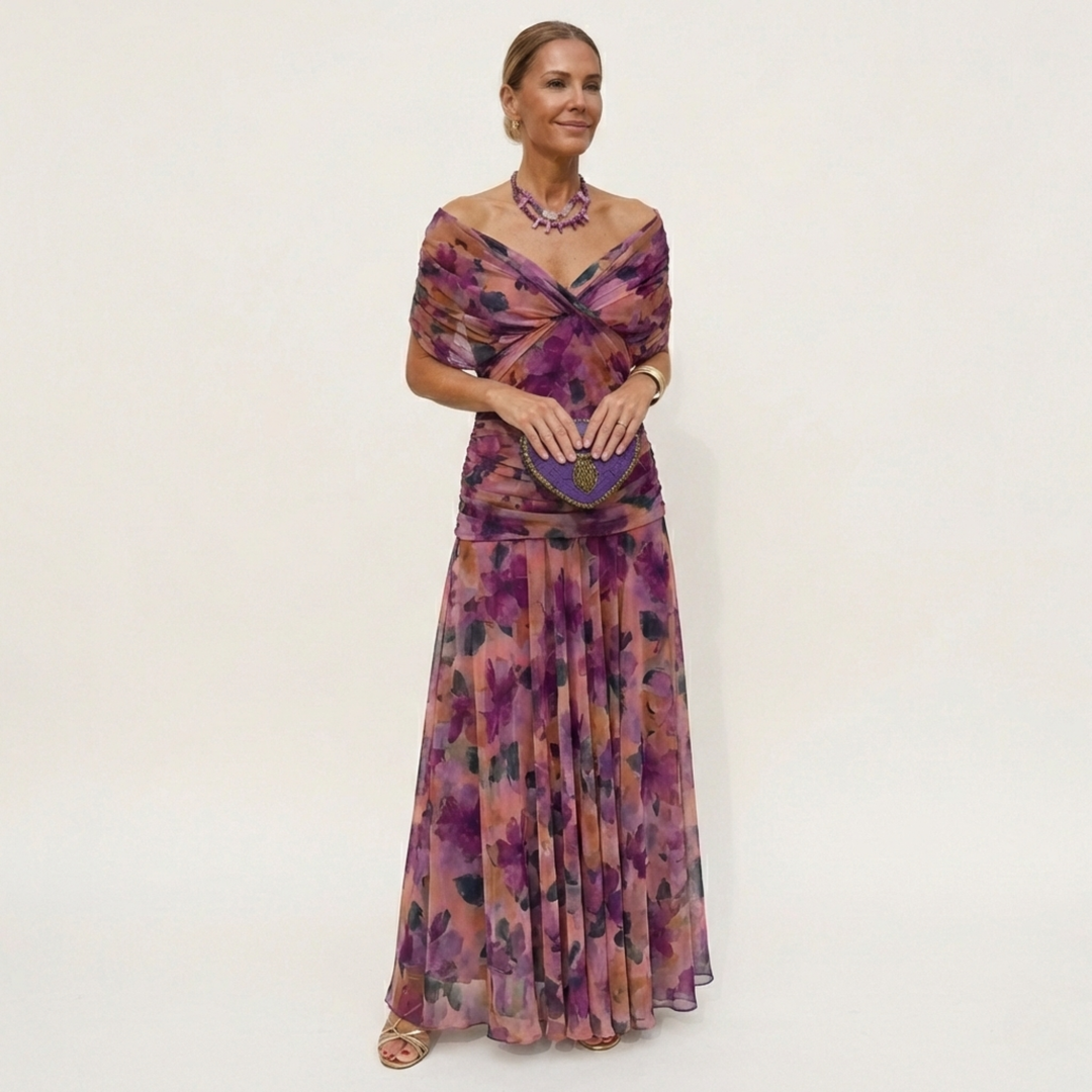 Lang, elegant, flydende damekjole – V-udskæring, raffineret design