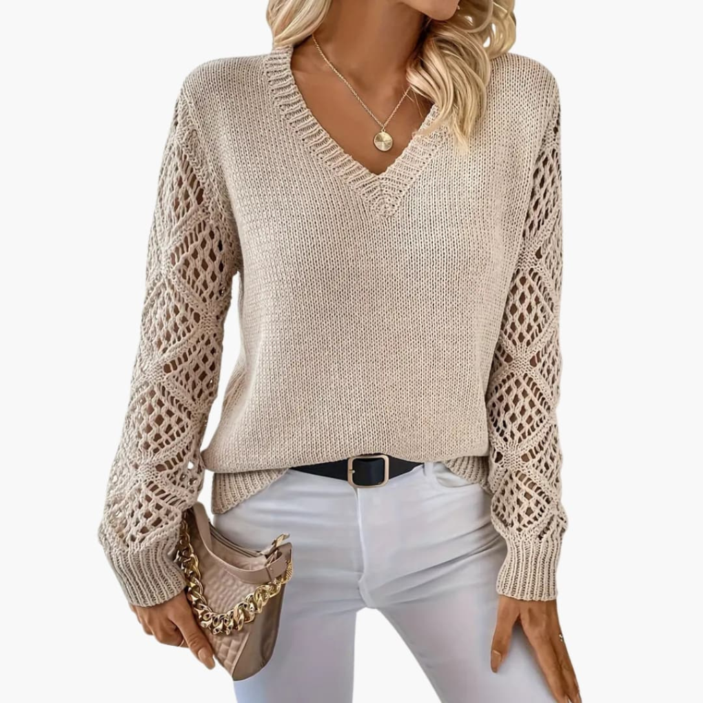 Kvindernes Fine Strik Sweater med V-Hals og Lange Ærmer