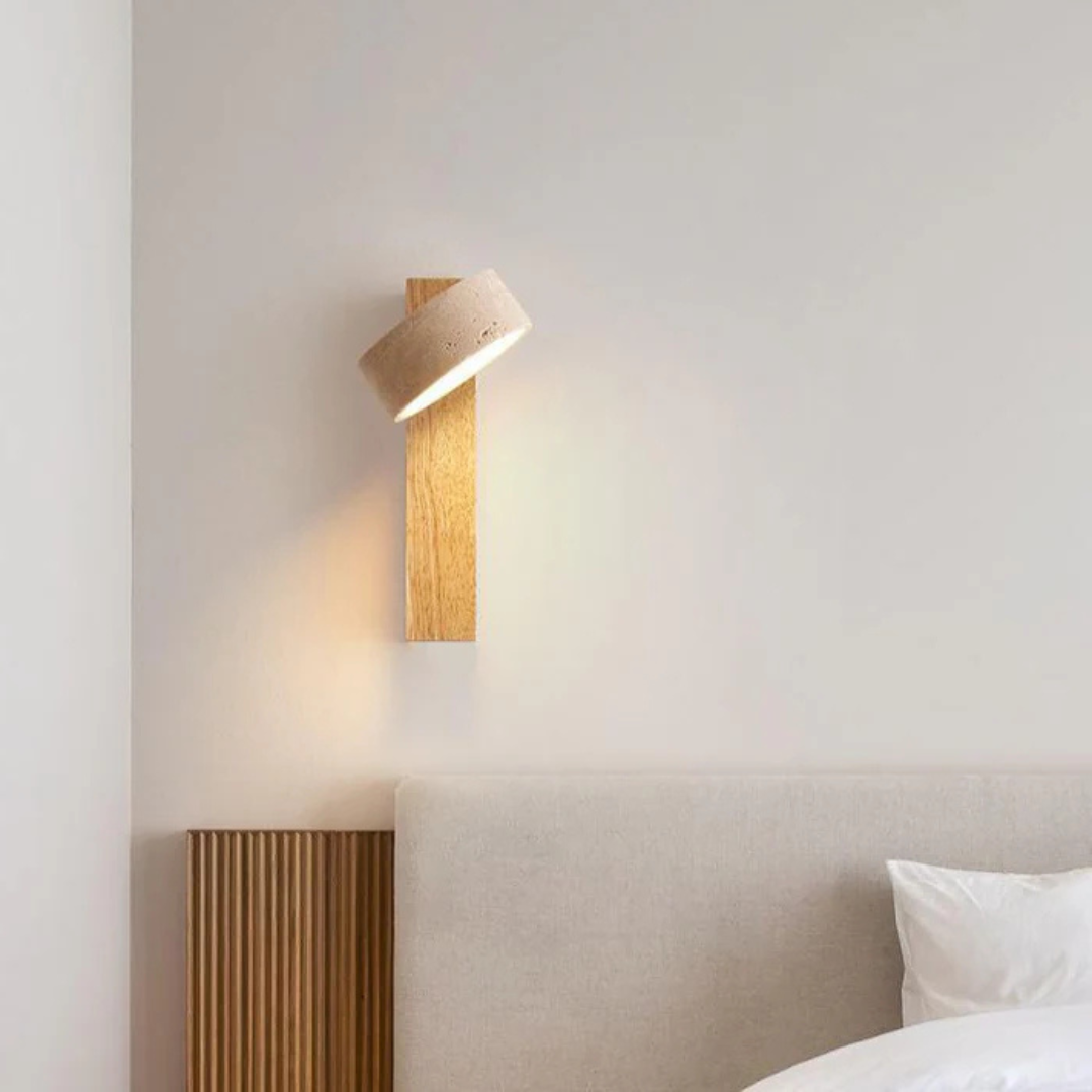 Wabi-sabi LED-væglampe i travertin og træ, 1 lyskilde