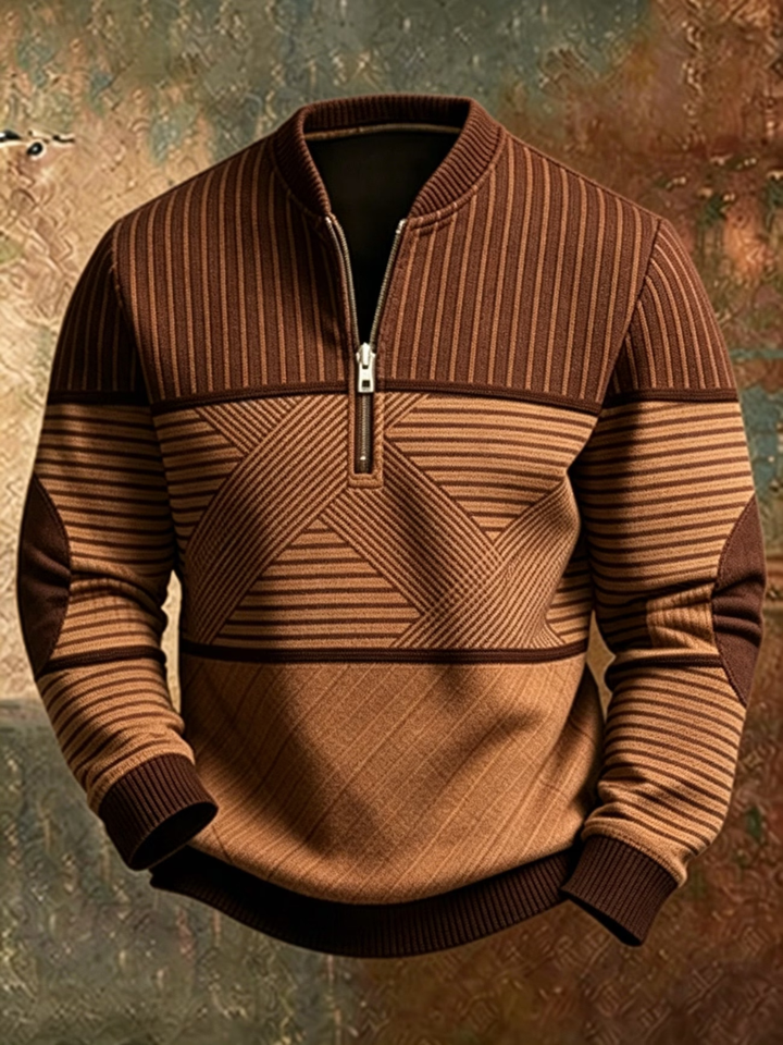 Stribet herresweater med halv lynlås og lange ærmer med ribkant