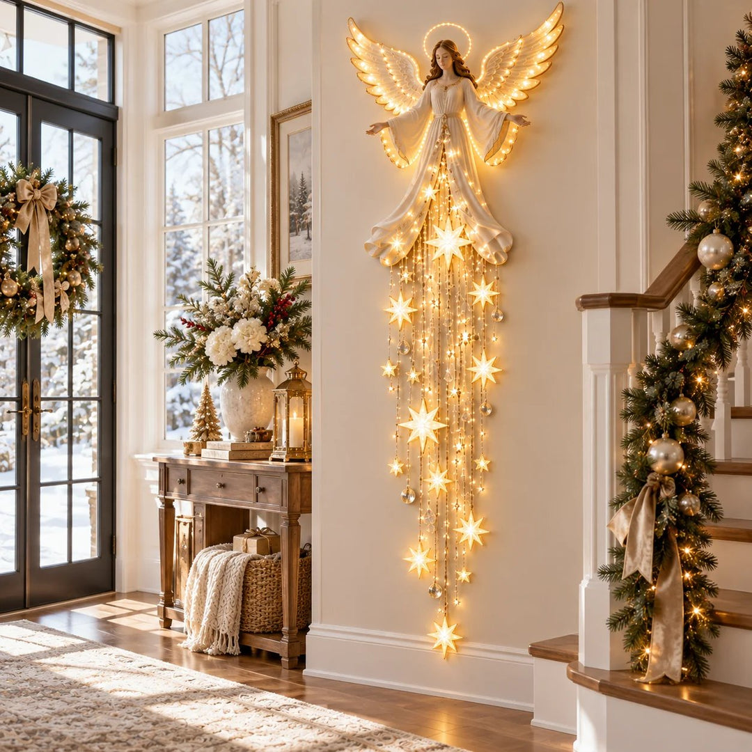 Engle-juleplafond med glorie og faldende stjerner, varm hvid