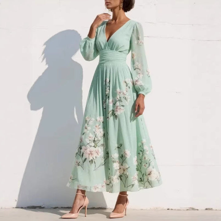 Womens Spring Chiffon Long-Sleeve Pleated Dress