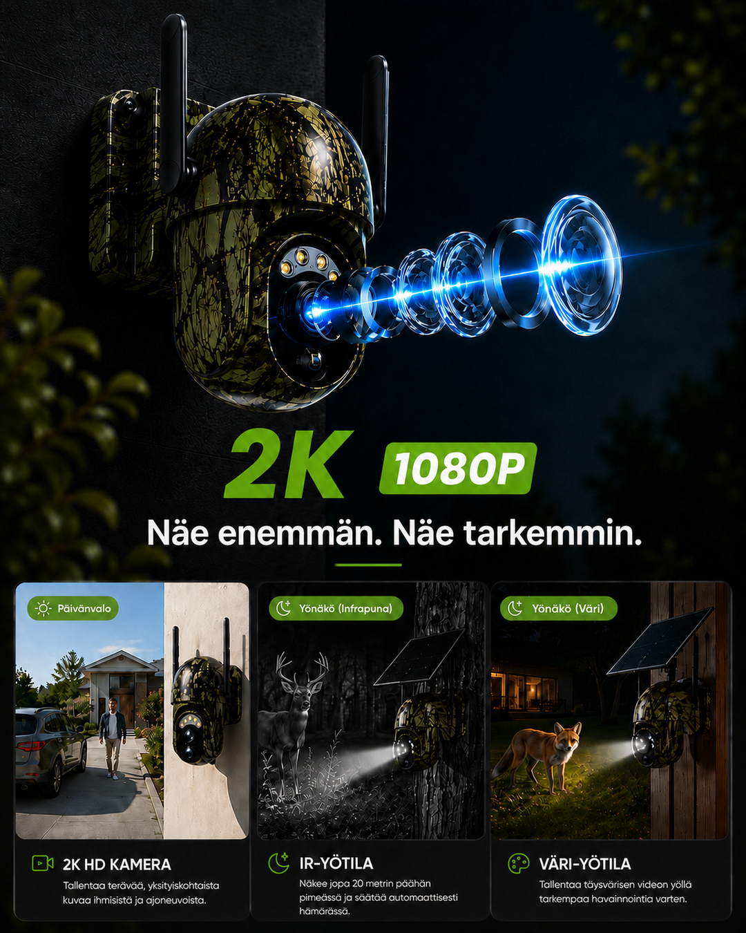 Soldrevet trådløst overvågningskamera med 4G LTE eller wi-fi, 2K, PTZ, nattesyn