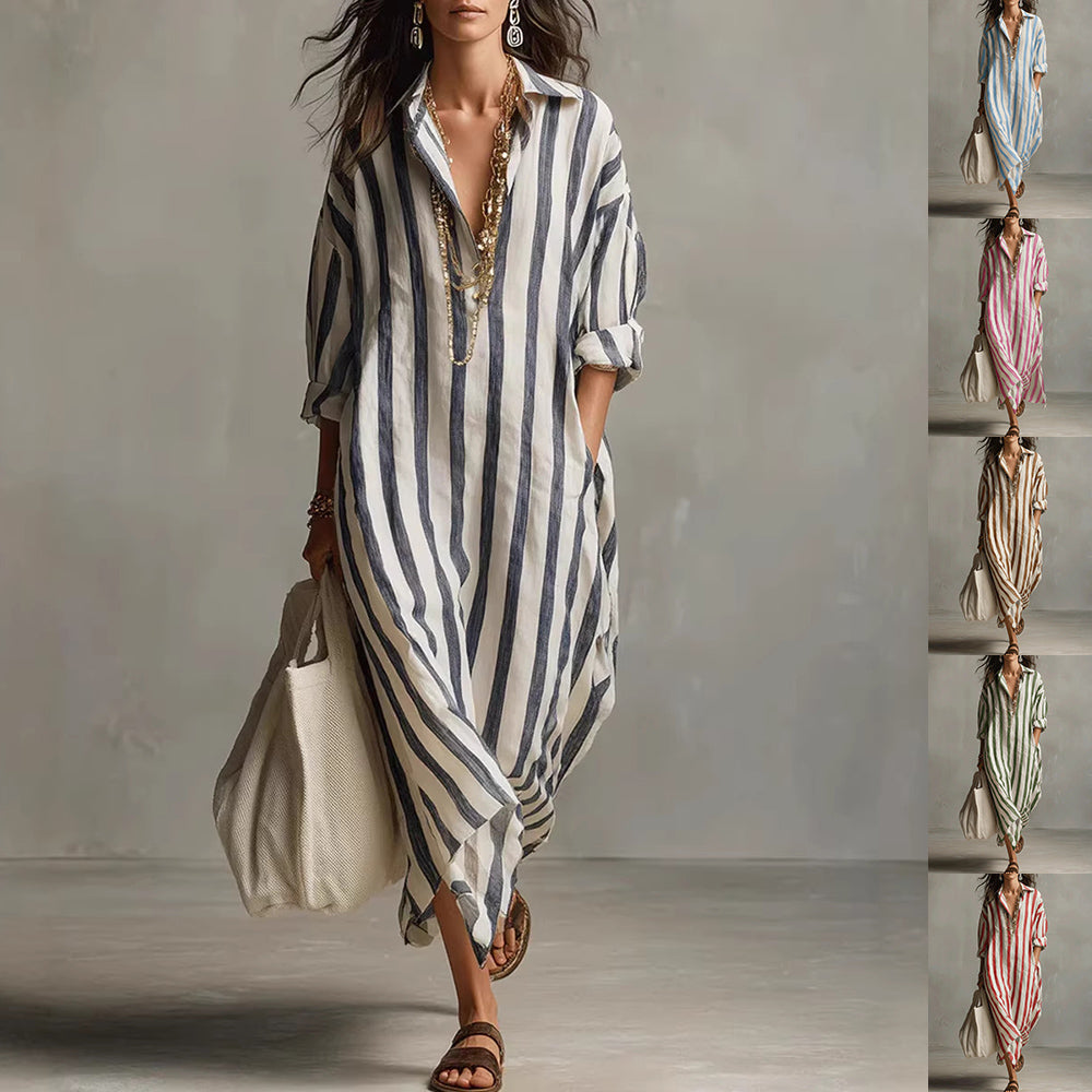 Striped Print Dress Summer Split Collar Short Sleeve Long Dresses Fashion Women's Clothing
