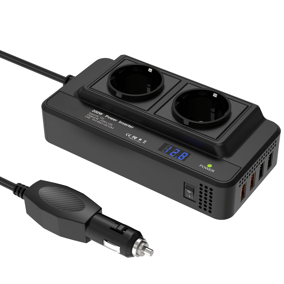 Kompakt biladapter 200W – Dobbelt stikkontakt & fire USB-porte