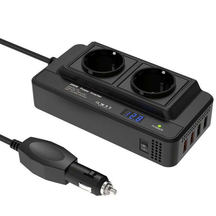 Kompakt biladapter 200W – Dobbelt stikkontakt & fire USB-porte