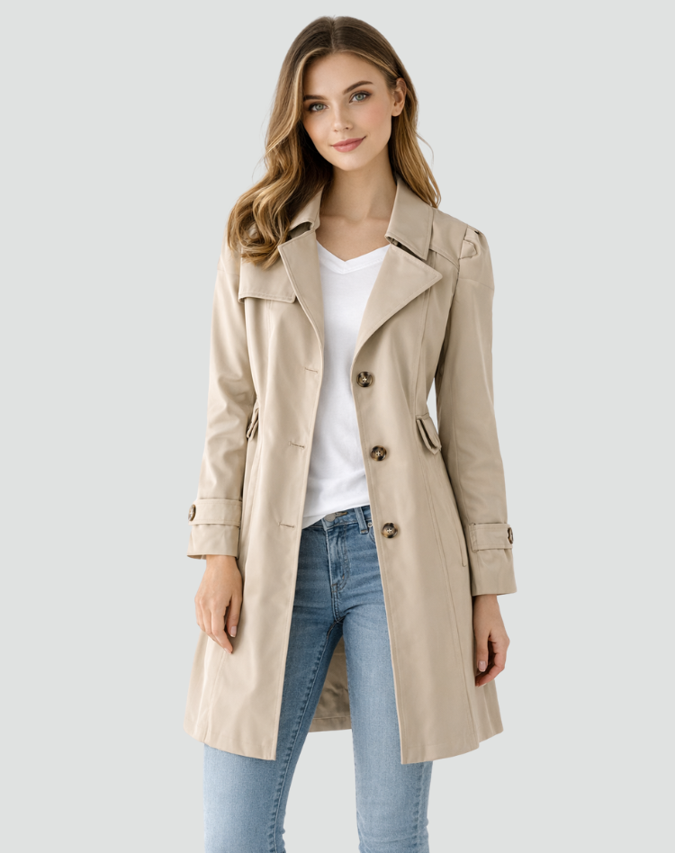 Taljeret dame-trenchcoat med klassisk revers, mellemlang