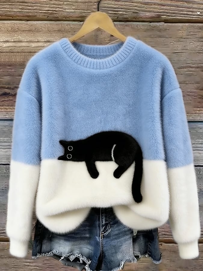 Oversize-sweater med katteprint