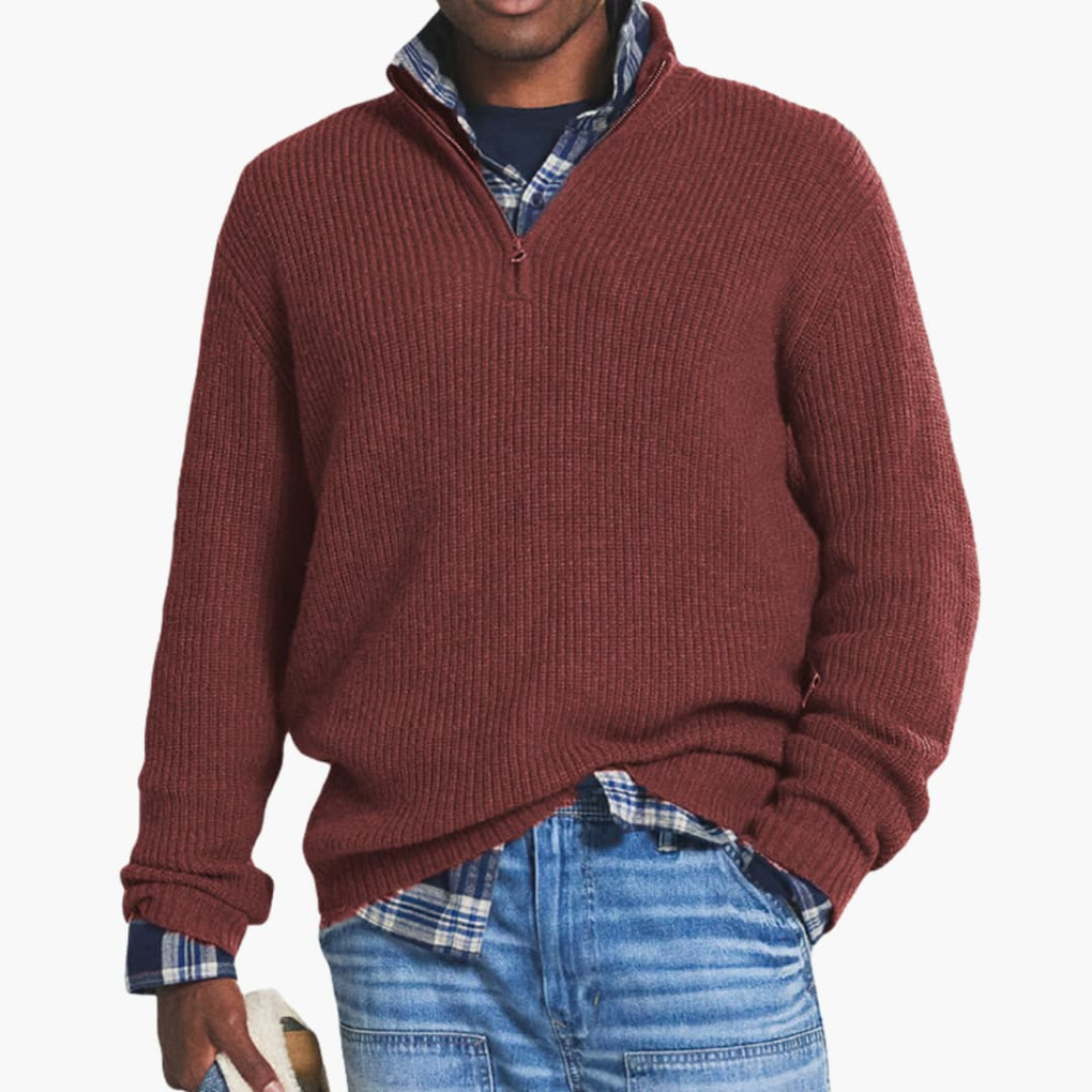 Herre Ribbet Strikpullover med Halv-Zip Krave