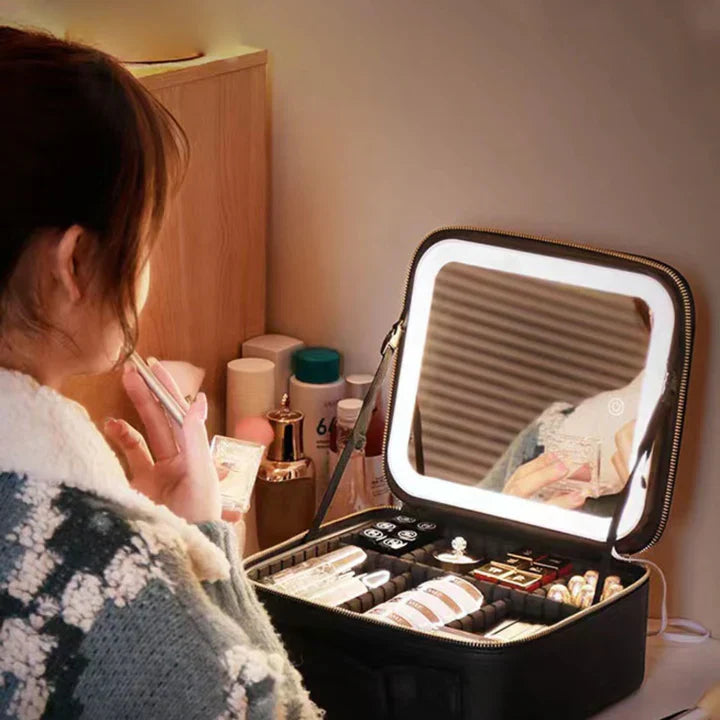 GlowLuxe LED sminketaske | Bærbar skønhedsorganizer med justerbart LED-spejl for et fejlfrit makeup