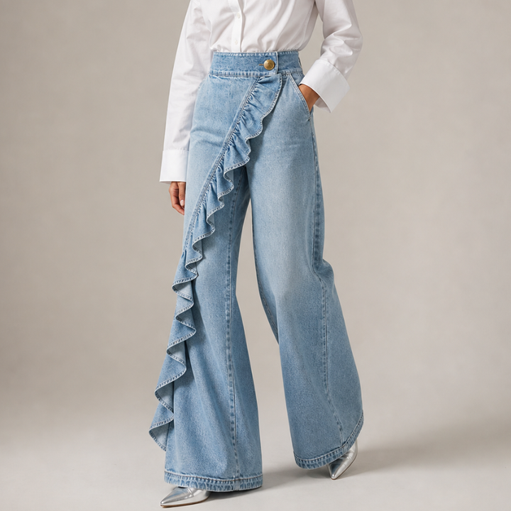 Vide denimbukser til damer med asymmetrisk flæse, culotte-stil