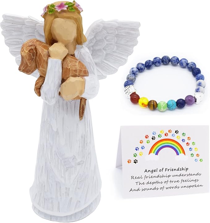Hunde-mindegavesæt med Venskabsengel-figur &amp; Regnbuebro Chakra-armbånd