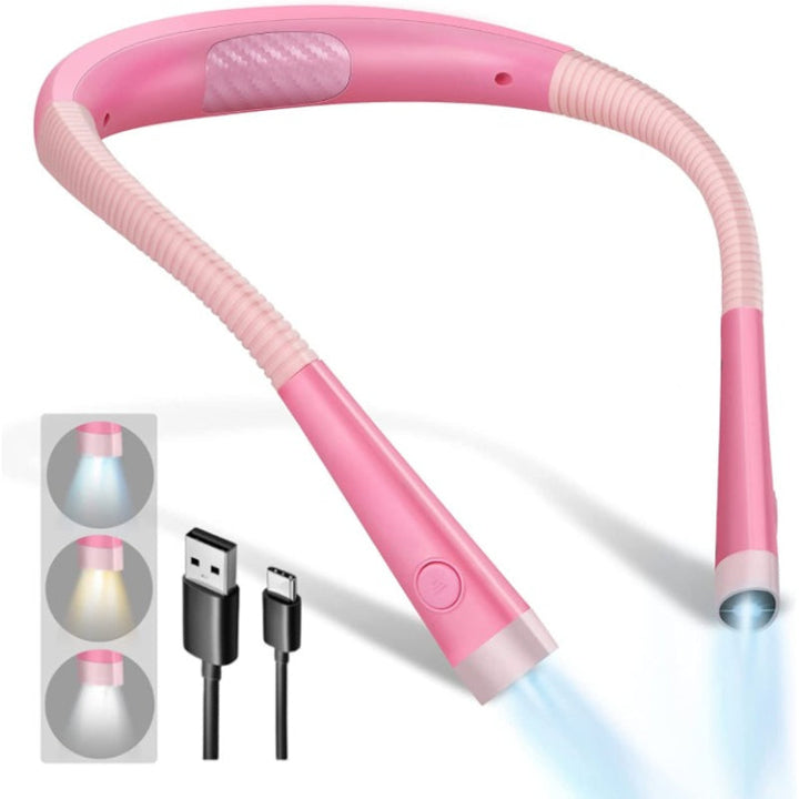 LED-læselampe til nakken, sengelæselys, 3 farver, 6 lysstyrketrin, fleksibel arm, genopladelig, holdbar, perfekt til læsning, strikning, camping, reparation