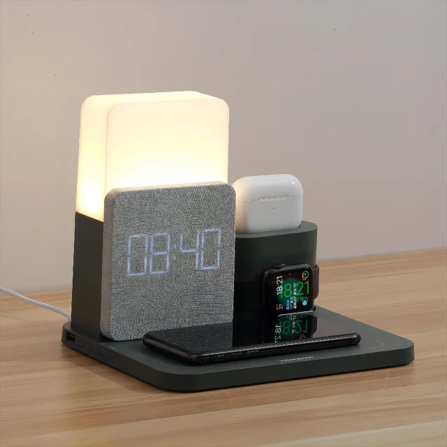 Multifunktionel trådløs ladestation – inklusive lampe og vækkeur