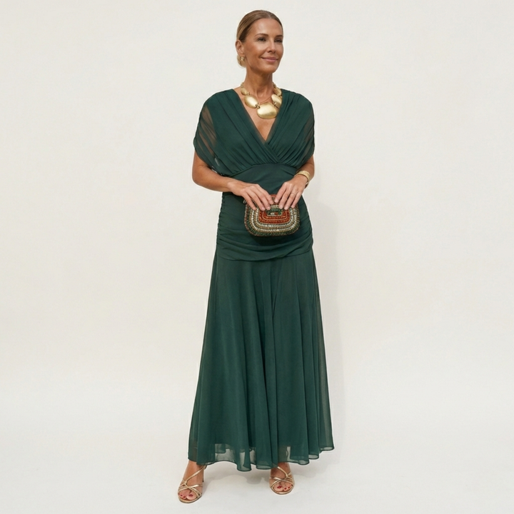 Lang, elegant, flydende kjole til damer – V-udskæring, raffineret design
