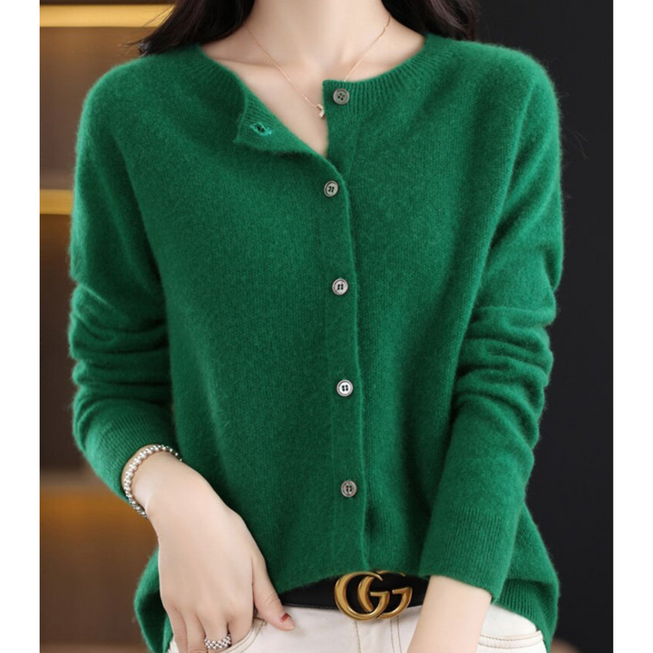 Cardigan til damer i merinould og kashmir – elegant vinterstrik med rund hals