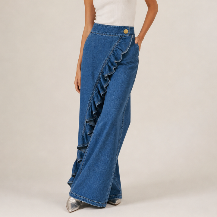 Vide denimbukser til damer med asymmetrisk flæse, culotte-stil