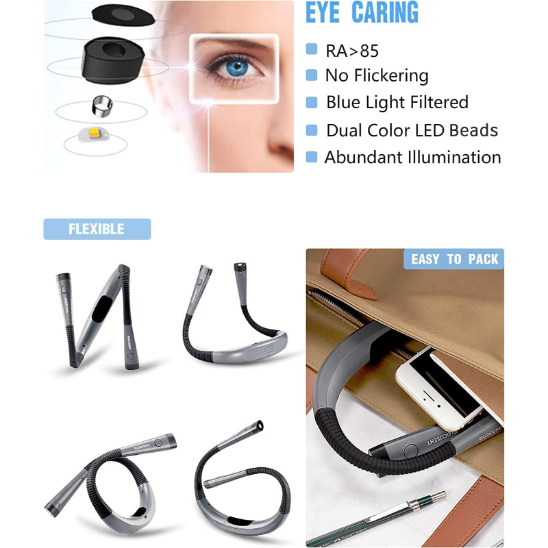 LED-læselampe til nakken, sengelæselys, 3 farver, 6 lysstyrketrin, fleksibel arm, genopladelig, holdbar, perfekt til læsning, strikning, camping, reparation