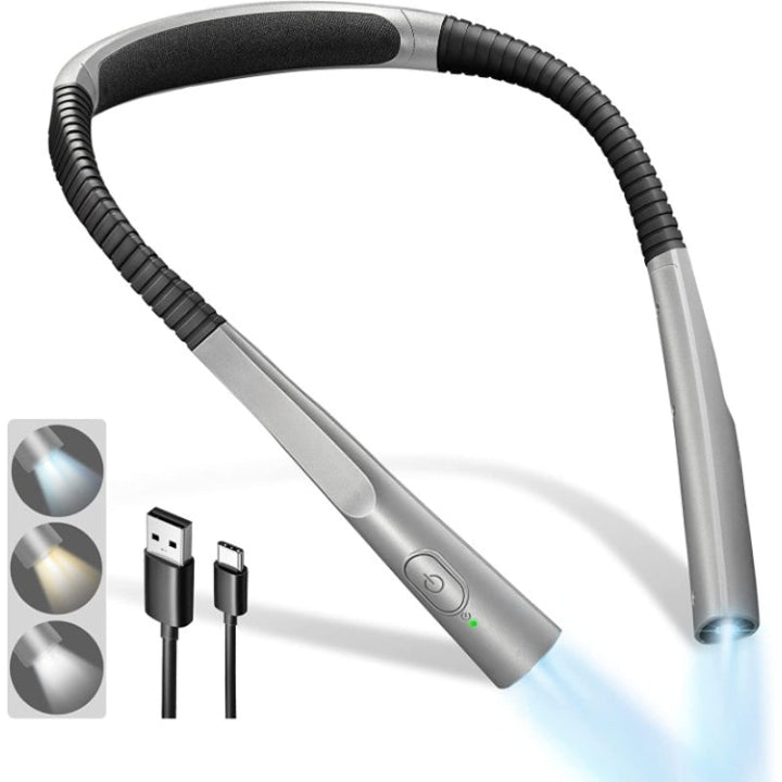 LED-læselampe til nakken, sengelæselys, 3 farver, 6 lysstyrketrin, fleksibel arm, genopladelig, holdbar, perfekt til læsning, strikning, camping, reparation