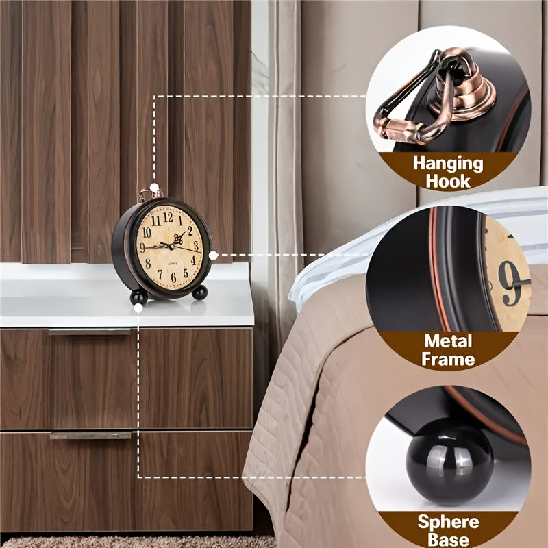 Retro alarm ur i metal med lydløs bevægelse – Klassiske dimensioner til soveværelse eller skrivebord