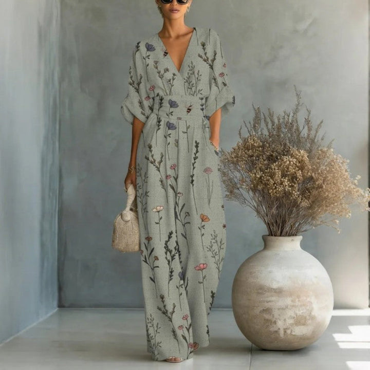 Waist-cinched V-neck Printed Womens Jumpsuit