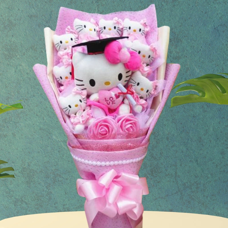 Bouquet af farverige kunstige blomster med Kitty-figurer til gaver og dekoration