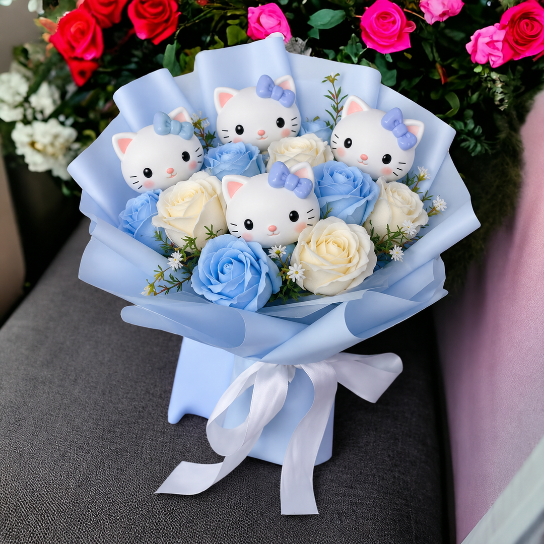 Bouquet af farverige kunstige blomster med Kitty-figurer til gaver og dekoration