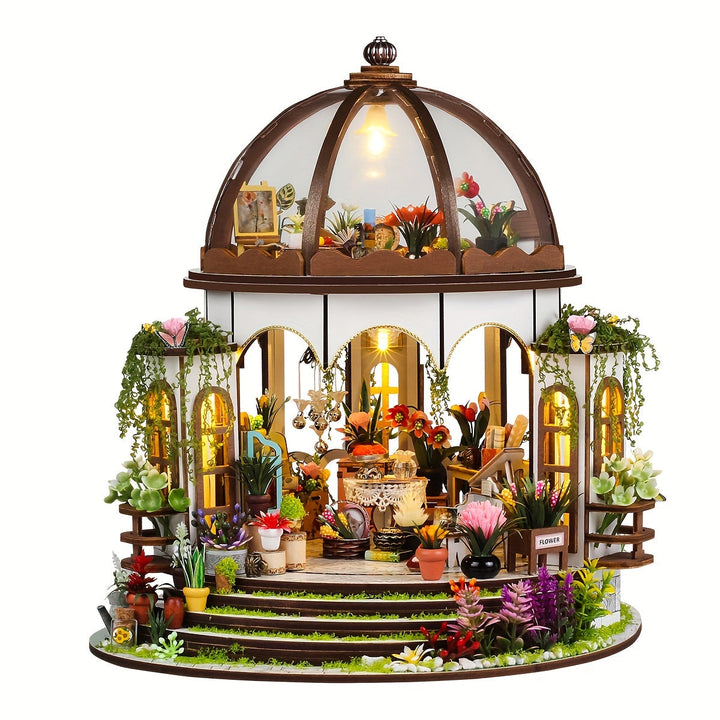 Miniature blomsterhus – 3D-trepuslespil med LED-belysning og detaljeret have