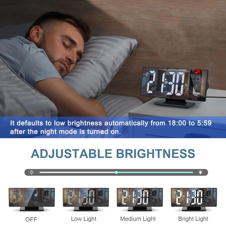 LED-projektionsvækkeur med justerbar 180°-projektion – tydeligt display og snooze-funktion til soveværelse eller kontor