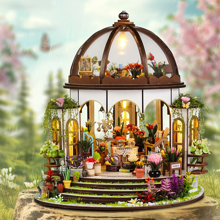 Miniature blomsterhus – 3D-trepuslespil med LED-belysning og detaljeret have