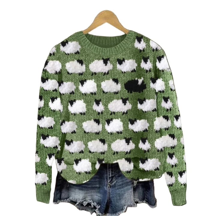 Kvinders strikket sweater med træmønster og rund halsudskæring