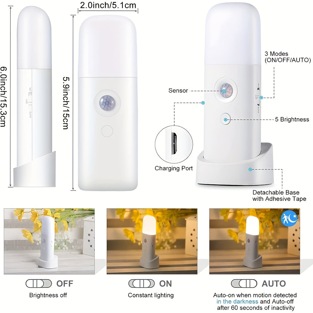 LED-Natlampe med Bevægelsessensor – USB-Genopladelig og Justerbar Lysstyrke til Soveværelser og Gange