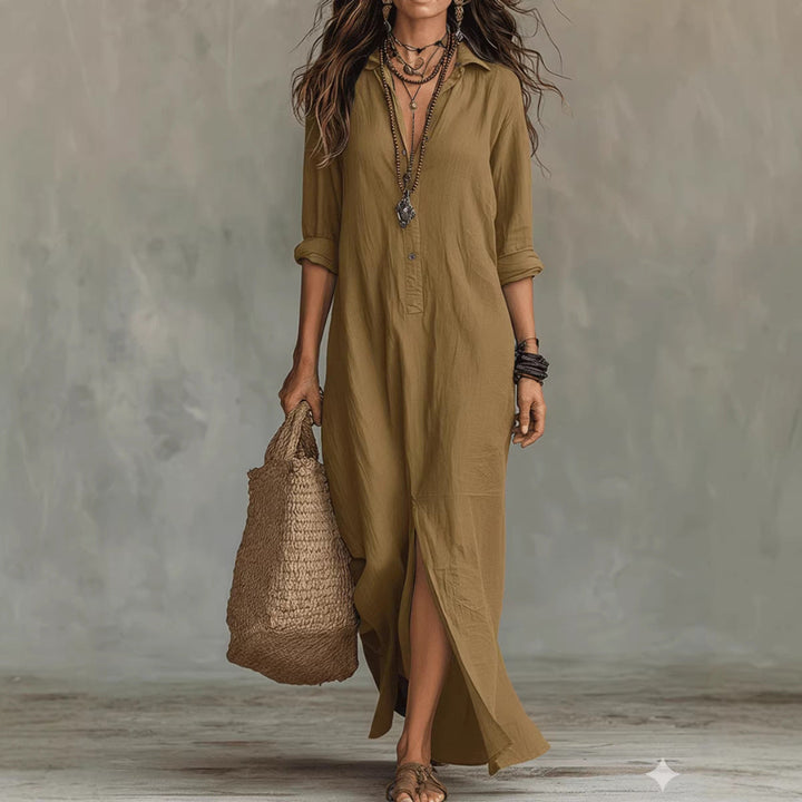 Long-sleeve Maxi Dress Casual Solid Color Lapel Collar Side Slit Beach Dresses Women's Clothing