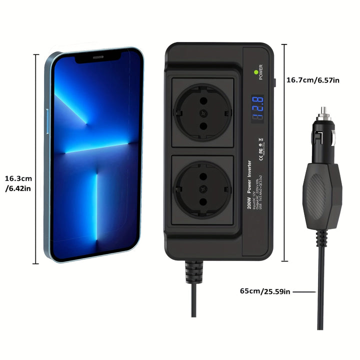Kompakt biladapter 200W – Dobbelt stikkontakt & fire USB-porte