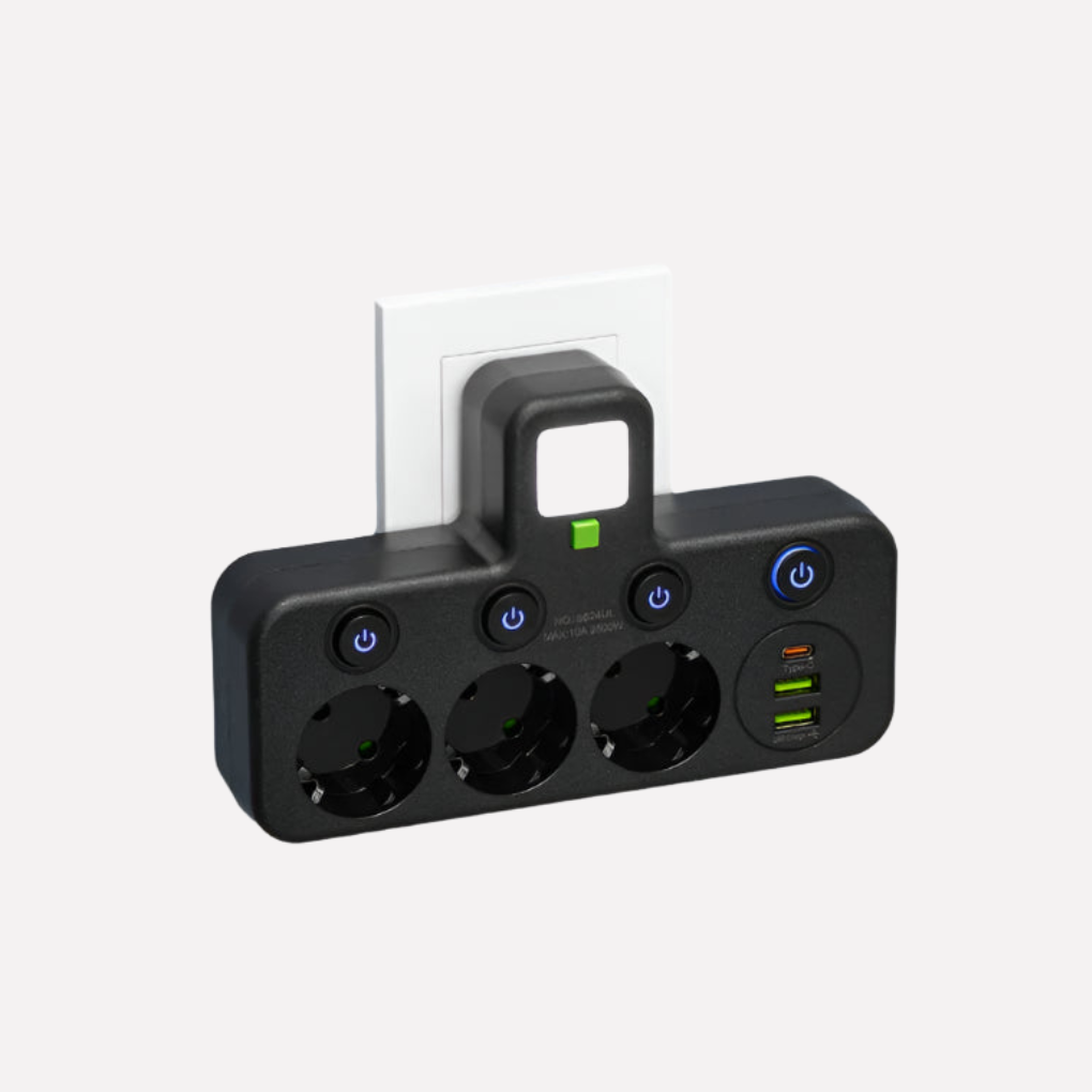 Strømskinne med USB- og Type-C-porte