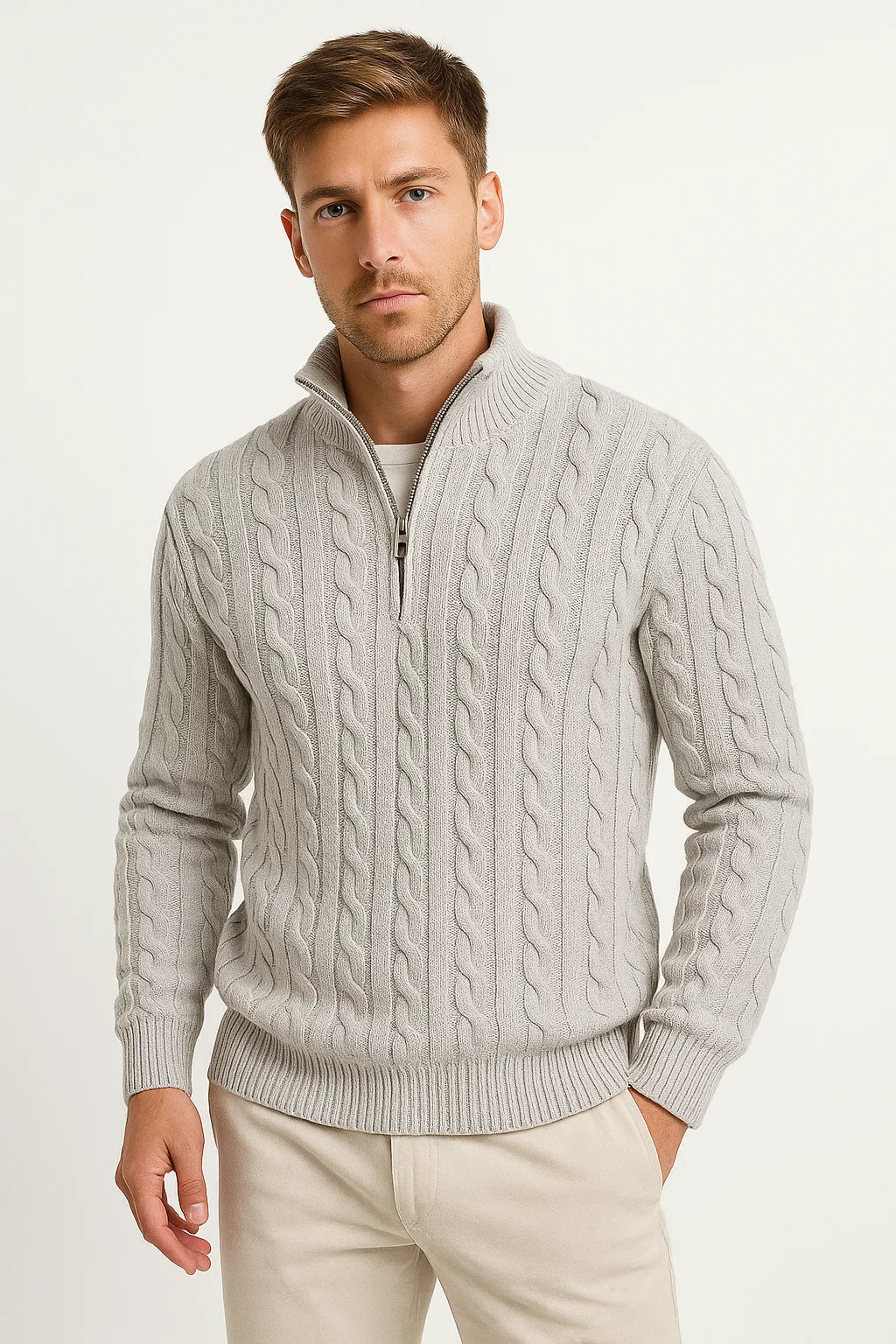 Kabelstrikket herresweater med kvartlynlås - Edmond